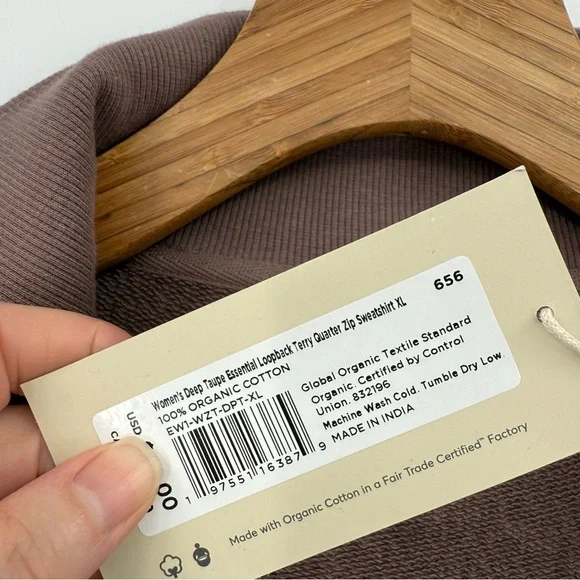 PACT Airplane Essential Terry Quarter Zip Sweatshirt in Deep Taupe Size XL NWT - Picture 5 of 11